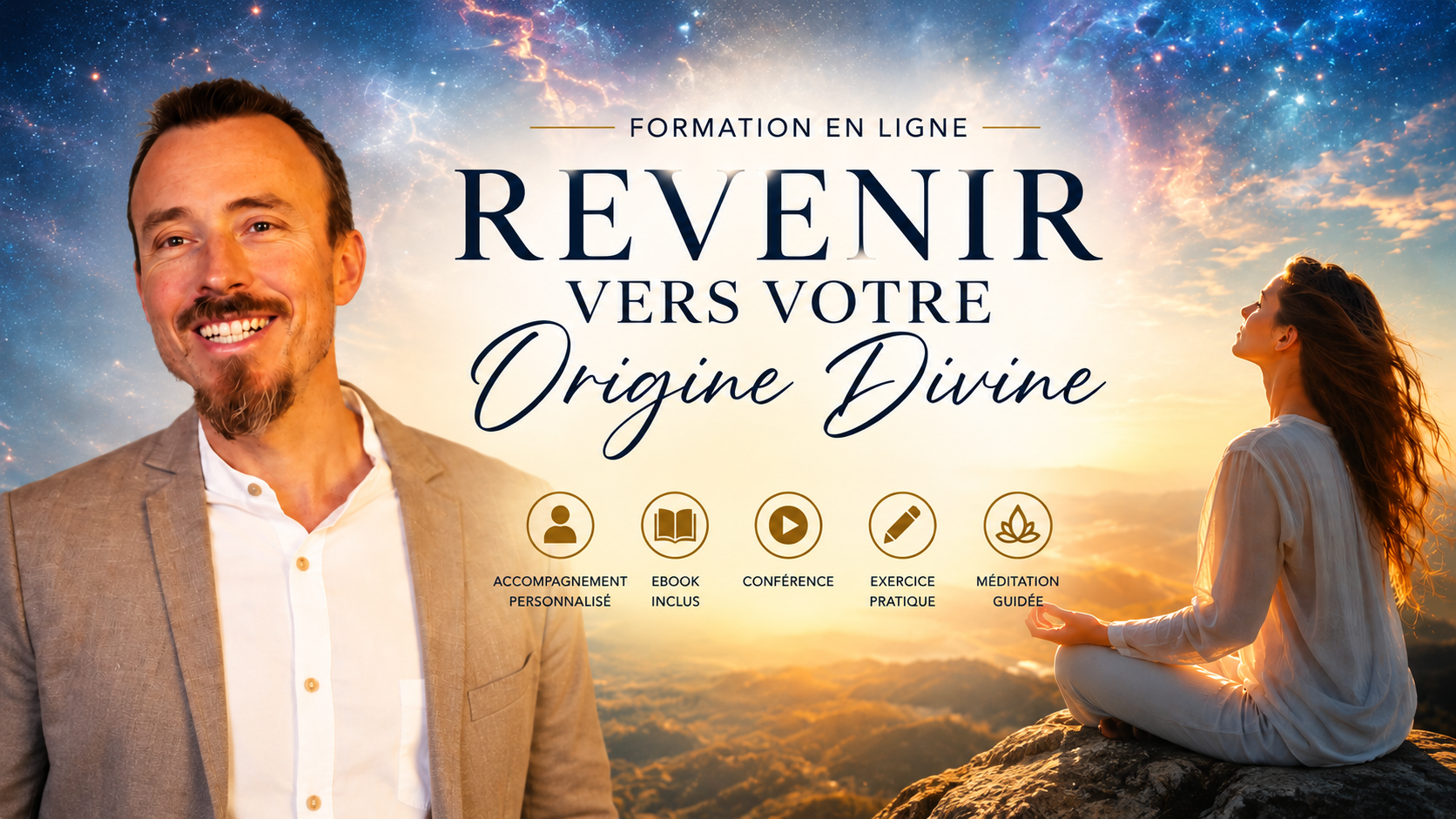 Revenir vers votre Origine Divine — Formation en ligne avec Gaëtan Victor Léon : accompagnement personnalisé, e-book, conférence, exercice pratique et méditation guidée.